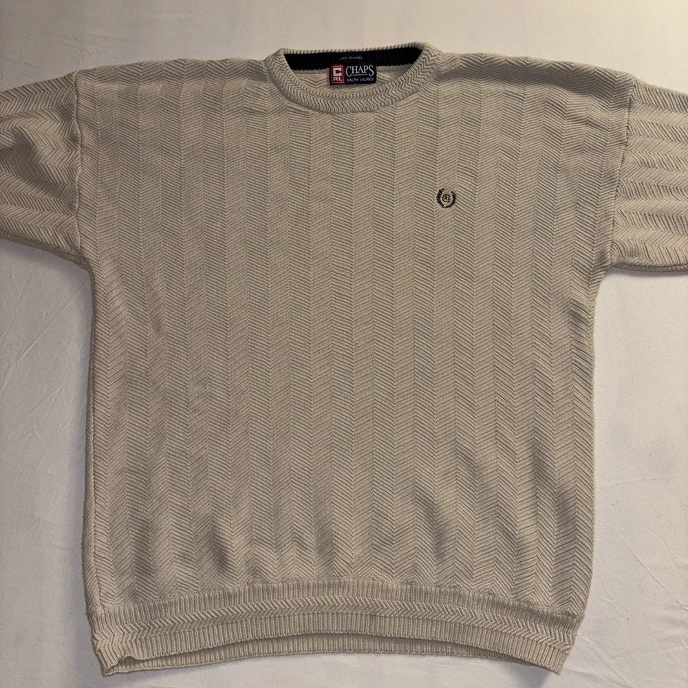 Vintage Chaps Ralph Lauren Sweater Men XL Beige Cream Herringbone Knit Crewneck